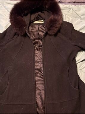 Kristen Blake Black Coat with Fur-Trim Hood